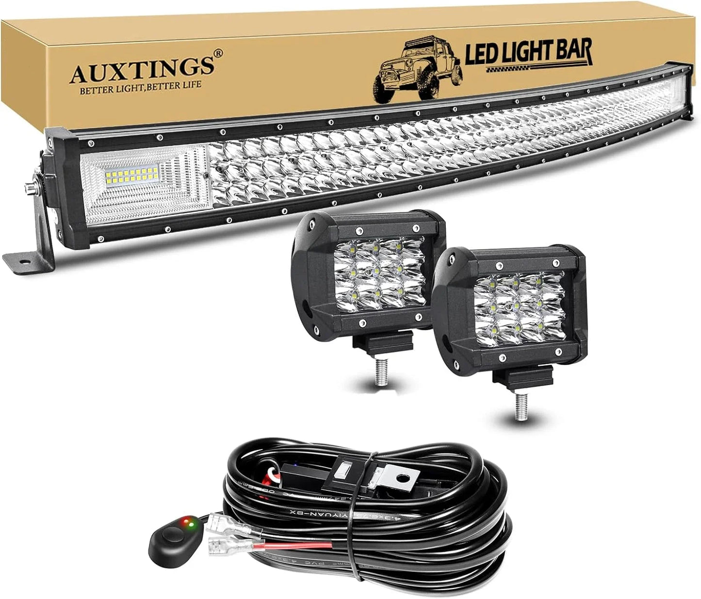7D 22 - 52in Curved 270W-675W Off Road LED Light Bar with 2x36W Work Light Wire Kit 12V 24V Led Bar for Car Jeep Truck 4x4 Boat