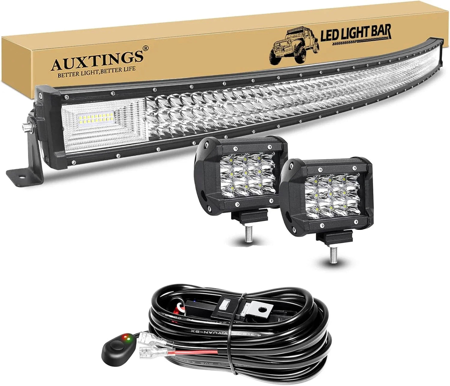 7D 22 - 52in Curved 270W-675W Off Road LED Light Bar with 2x36W Work Light Wire Kit 12V 24V Led Bar for Car Jeep Truck 4x4 Boat