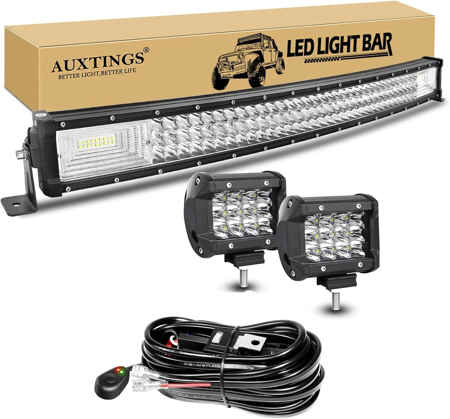 7D 22 - 52in Curved 270W-675W Off Road LED Light Bar with 2x36W Work Light Wire Kit 12V 24V Led Bar for Car Jeep Truck 4x4 Boat